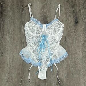 Blue and White Lingerie Lace Mesh Bodysuit